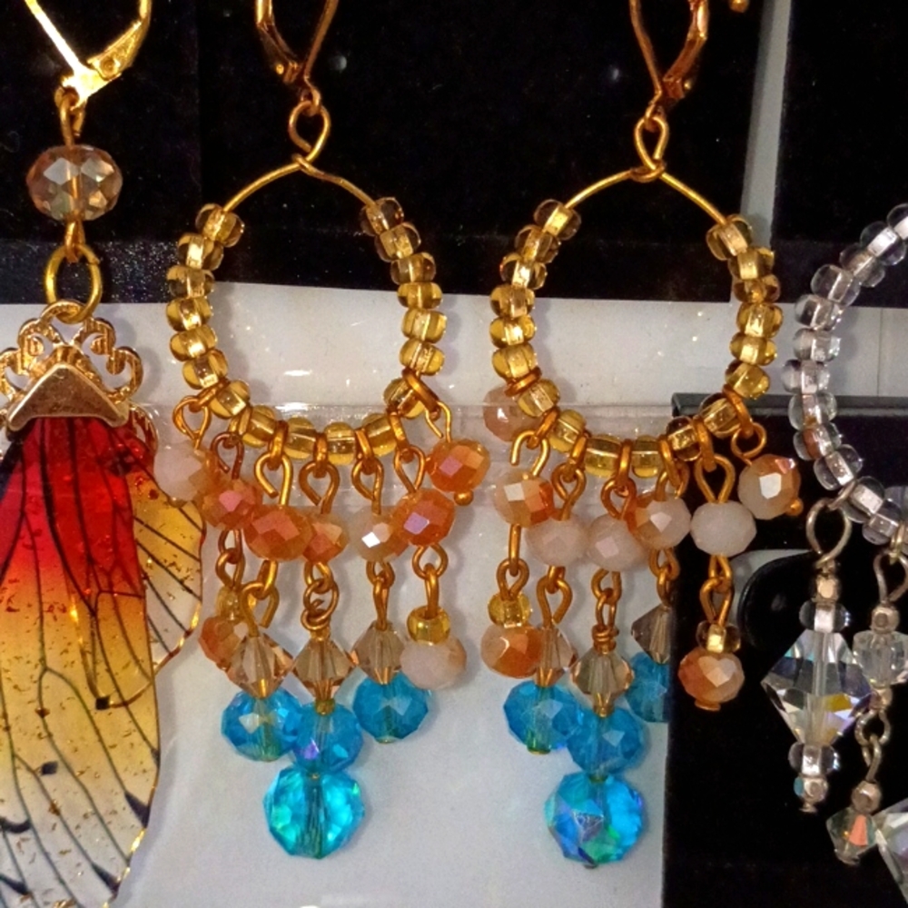 Blue And Gold Crystal Hand Crafted Artisan Earrings One Of A Kind